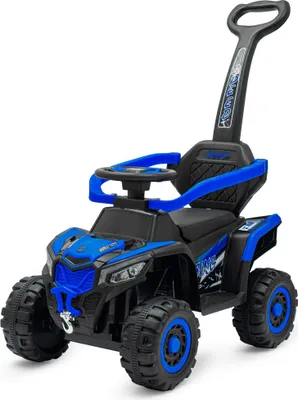 A toy ATV with a push handle, designed for babies and toddlers.