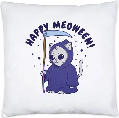 Produktbild von Happy Moeween Kissen Katze Mietze Kater Cat Humor Sarkasmus Oktober Tod Sensenmann Axt Happy Halloween
