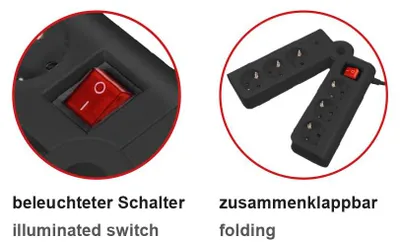 Image de Multiprise pliable 6 prises avec fiche Cee 7/7, protection contre les surtensions, interrupteur lumineux, fonction de pliage à 180°, 1,5 m