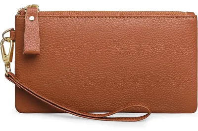 Immagine prodotto di Borsa da donna in pelle marrone, con protezione RFID, dotata di passante per il polso e scomparto per monete