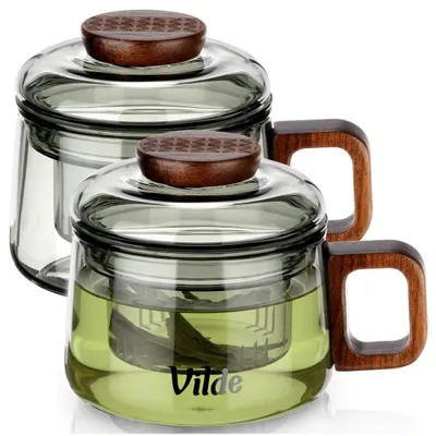 Produktbild von Vilde | Teetassen 2er Set 240 ml - mit Sieb und Deckel - Holzgriff - Borosilikatglas