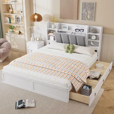 Produktbild von Bett, Doppelbett, Offenes Regal, Drei Schubladen mit Rollen, Ablagefach mit herunterklappbarer Tür,160x200