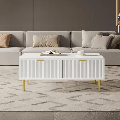 Produktbild von Weißer Couchtisch mit zwei Schubladen, 100x50x40cm, MDF mit goldenen Metallbeinen für das Wohnzimmer