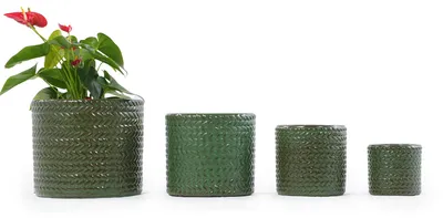 Produktbild von Handgefertigter Keramik Pflanztopf-Set 4-teilig (Ø37/31/24, 5/17, 5 cm), glänzendes Olivgrün mit rundem Fischgrät-Relief, atmungsaktiv, frostsicher