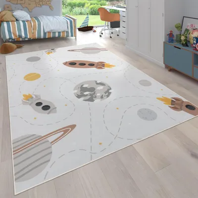 Produktbild von Kinderteppich waschmaschinenwaschbar Weltraumraketen‑Muster Kinderzimmer schmutzabweisend Creme Rechteckig 140x200 | 100% Polyester | pflegeleicht