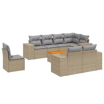Produktbild von 9-tlg. Garten-Sofagarnitur mit Kissen Beige Poly Rattan