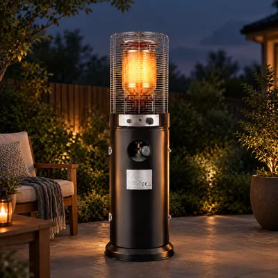 Immagine prodotto di Riscaldatore da esterno a gas ZMH, modello "funghi", 10 kW, diametro 46 cm, altezza 136 cm. Riscaldatore portatile con ruote, dotato di copertura protettiva, compatibile con bombole di gas da 15 kg, ideale per giardino e balcone