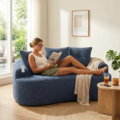 Produktbild von LVHOM Modernes 2-Sitzer Sofa, Polstersofa aus Chenille mit Seitentaschen, Geschwungene Couch bodentief, Organisches Design, 164x92x60cm, Blau