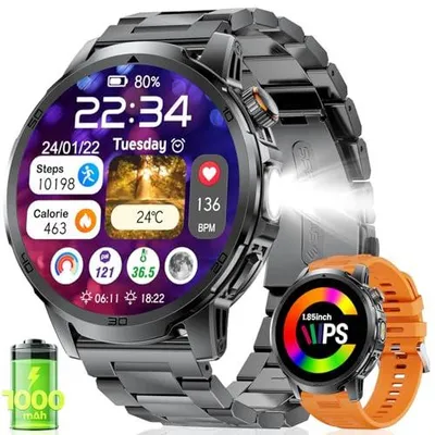 Produktbild von LIGE Smartwatch Herren 1000mAh Akku, 1,85" HD Großer Display/Bluetooth Telefonfunktion/Taschenlampe, 120+ Sportmodi Fitnessuhr, SpO2/Herzfrequenz/Schlafmonitor für Android iOS Schwarz