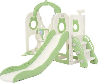 Productafbeelding van Kinderspeeltoestel met glijbaan en schommel, 5-in-1 kinderspeelplaats met glijbaan, schommel, trap, basketbalring en telescoop, speelset, klimrek, speelgoed, geschikt voor binnen en buiten, voor kinderen vanaf 3 jaar, lichtgroen