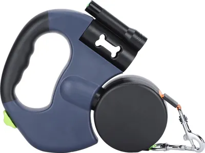 Obrázek produktu pro Dvojitá vodítka pro psy, výsuvná, reflexní, otočná o 360°, s LED svítilnou