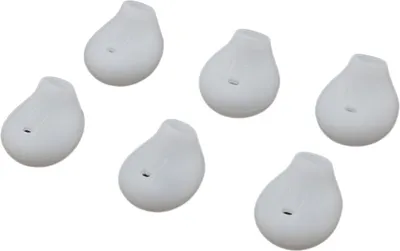 A group of six white silicone earbud tips arranged on a white background.