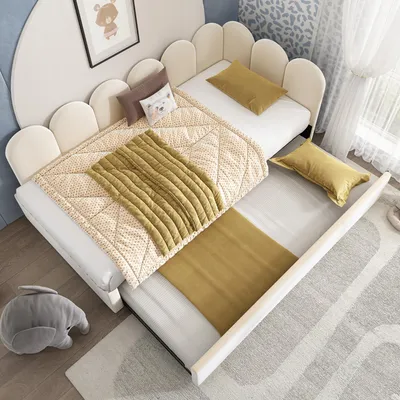 Image de MODFU Lit Gigogne Simple 90x200 cm - Lit Enfant avec Lit Secondaire 90x190 cm et Tiroirs - Beige