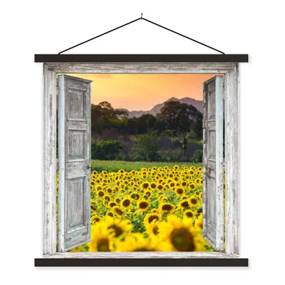 Produktbild von MuchoWow® Textilposter Sonnenblume - Abend - Blumen - Ansicht 120x120 cm mit schwarzem Rahmen - Aufhängungsset