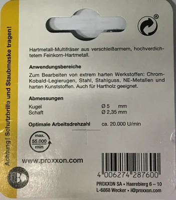 Obrázek produktu pro Proxxon 28760, Vrtačka, Frézovací vrták, 5 mm, Litina, Neželezité kovy, Plast, Ocel, 2,35 mm, Karbid wolframu (TC)
