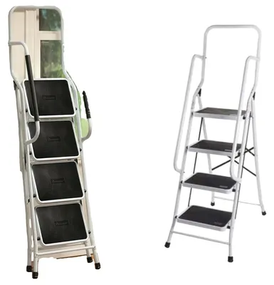 Produktbild von Klapptrittleiter, rostfreier Kohlenstoffstahlrahmen, 154 cm Höhe, 4 breite Stufen, maximale Tragfähigkeit 150 kg, verbesserte Sicherheitsgeländer