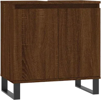 A front view of a brown wooden cabinet with two doors and black metal legs, presented on a white background.
