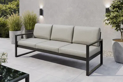 Produktbild von Outdoor Gartenbank 3-Sitzer – Loungebank für Garten, Terrasse, Balkon – Wetterfeste Polster-Loungebank – Pulverbeschichtetes Stahlgestell in Schwarz – Bellano, EU – Taupe