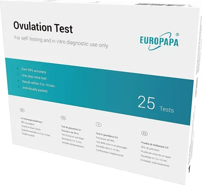 Produktbild von EUROPAPA® Healthcare 25 Stück Ovulationstest für Eisprung, Fruchtbarkeitstest für Frauen 25 mIU/mL Empfindlichkeit