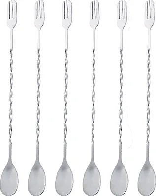 Obrázek produktu pro Lžíce na míchání koktejlů, dlouhá tyčová lžíce s vidličkou, 25 cm, nerezová ocel, spirálový vzor, 6dílná (stříbrná)