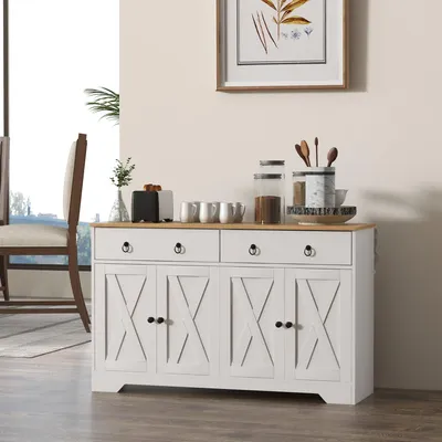 Produktbild von Sideboard im Landhausstil Weiß Anrichte 121x37x75 cm, Kommode aus Holzwerkstoff mit 2 Schubladen und 2 Türen, Küchenschrank mit verstellbaren Einlegeböden