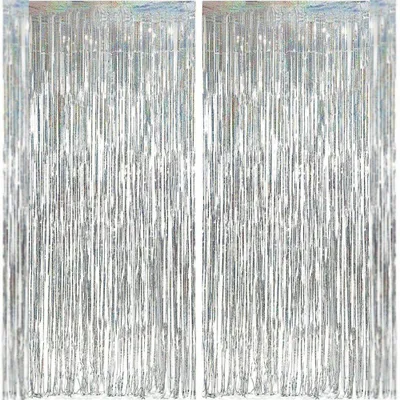 Image de Lot de 2 rideaux en lametta argenté Rideaux décoratifs scintillants pour fêtes, rideaux à franges pour anniversaires, mariages et décorations événementielles