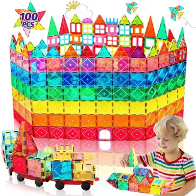 Image de Blocs de construction magnétiques 100 pièces - Jouet magnétique Montessori avec 2 voitures pour cadeau dès 3 4 5 6 7 8 ans Jouets d'enfants blocs de construction magnétiques