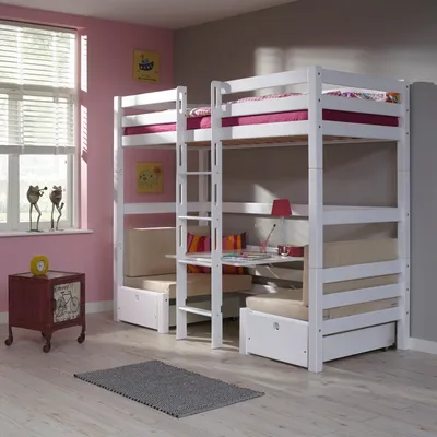 Produktbild von Etagenbett Finley Buche 90x200 cm Weiß mit Sitzgelegenheit und Kissen