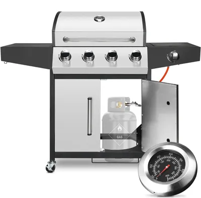 Immagine prodotto di Griglia a gas con 4+1 bruciatori - Carrello per barbecue - Metano - Acciaio inossidabile - Ripiani laterali e coperchio - Ideale per giardino, terrazza, campeggio - Argento