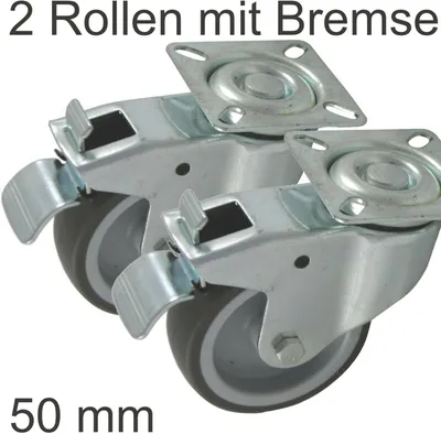 Produktbild von 2 X 50 mm Lenkrollen Transportrollen mit Bremse grau klein Möbelrolle Laufrolle