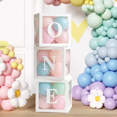 Ballonbox-Set, 3 Stück, weiß, Buchstaben O N E, 30,5 cm