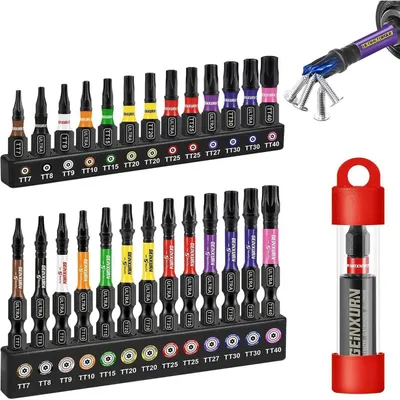 Produktbild von Torx Schrauber Bit Set mit Loch, 27-teilig, Schlagfest, TT7-TT40, 25mm & 50mm, 1/4" Sechskantschaft, S2 Stahl, inkl. Magnet-Bit-Halter