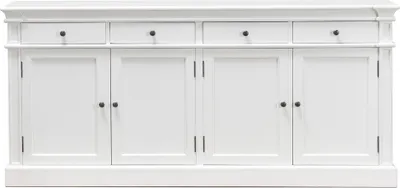 Zdjęcie produktu dla Amaretta kredens biały antyk, antyk patynowany z 4 drzwiczkami i 4 szufladami. Głebokość 186 cm, wysokość 86 cm.