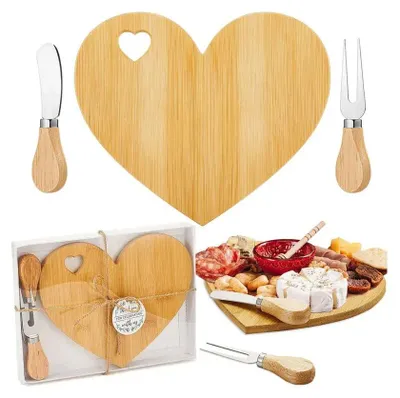 Produktbild von Käsebrett Herzform Holz Servierbrett Set mit Messer & Gabel, Geschenkset für 2–3 Personen, Snackplatte aus Holz, ideal für Hochzeit & Valentinstag