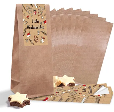 Produktbild von 100 kleine braune weihnachtliche Papiertüten schwarz rot beige Kraftpapier Boden-Beutel mit Pergamin-Einlage 7 x 4 x 20,5 cm + 100 LEBKUCHENMANN Weihnachts-Aufkleber Verpackung Geschenk100 Stück