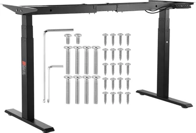 A black electric standing desk frame with included hardware, displayed on a white background.