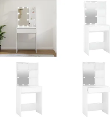 A collage of four images showing a white vanity table with LED lights and a mirror.