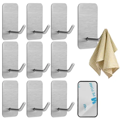 Image de Lot de 10 crochets adhésifs pour serviettes, sans perçage, en acier inoxydable 304, crochets adhésifs couleur argent, crochets muraux étanches pour la salle de bains, les toilettes, la cuisine et le bureau.
