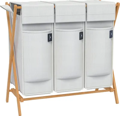 Image de AdelDream Panier à linge 3 compartiments,150 L,Bambou Bac à linge Système de tri du linge en X Gris clair