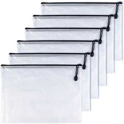 Image de Pochettes de rangement A3, noires, lot de 12, en plastique mesh avec fermeture éclair, dimensions 45 x 32 cm