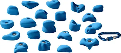 Blaue Kinderklettergriffe von Entre Prises; geeignet für Kletterwände; inklusive Karabiner.