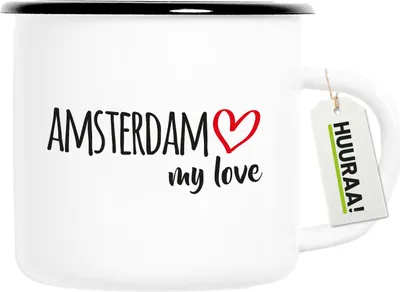 Produktbild von Huuraa Emaille Tasse Amsterdam my love 300ml Vintage Campingbecher Geschenkidee