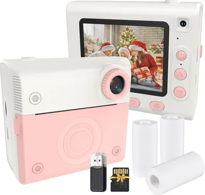 Produktbild von Sofortbildkamera fuer Kinder, Digitalkamera fuer Kinder, 1080P-Digitalvideokamera, Doppelobjektiv, 2,8-Zoll-IPS-Bildschirm, eingebauter Akku, Bilderrahmen mit 3 Rollen Thermodruckpapier, Umhaengeband, 32 GB TF-Karte und Kartenleser