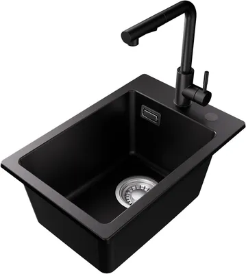 Produktbild von Schwarze Granitspüle 30×45 cm mit ausziehbarer Küchenarmatur, kleine Einbauspüle mit Wasserhahn Set