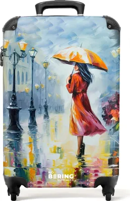 Produktbild von NoBoringSuitcases.com® Koffer Handgepäck Trolley Rollkoffer Kleine Reisekoffer mit 4 Rollen - Ölgemälde - Regenschirm - Frau - Straße - Kunst - Cabin Size < 55x40x23 cm & 55x40x20 cm - Fotokoffer - Kabinenkoffer - BoardgepäckHandgepäck Koffer 55x35x20 cm, 36L,