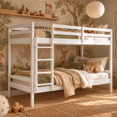 Produktbild von Homestyle4u Etagenbett 90x200 Kinder Hochbett mit Lattenrost mit Rausfallschutz Weiß Leiter links/rechts