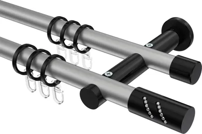 Produktbild von Interdeco Gardinenstange / Vorhangstange Silbergrau / Schwarz, Typ Platon Zoena (Glitzerzylinder), 20 mm Ø 2-läufig, 440 cm