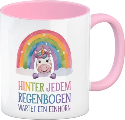 Produktbild von Lächelndes Einhorn Kaffeebecher in rosa Hinter jedem Regenbogen