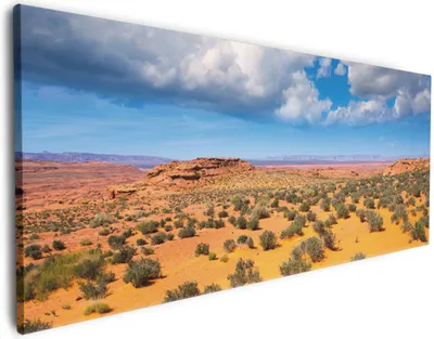 Produktbild von Wallario Premium Leinwandbild Wüste in Arizona - blauer Himmel mit Wolken I in Größe 50 x 125 cm