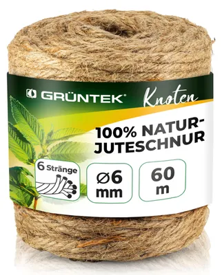 Produktbild von GRÜNTEK Garten Juteschnur 6 mm Dicke, Bindegarn, Gartenschnur, Bastelschnur Kordel Rolle mit 60 m, 100% Jutegarn Naturfarbe, zum Geschenke verpacken, Pflanzen binden, Basteln, Handwerken
